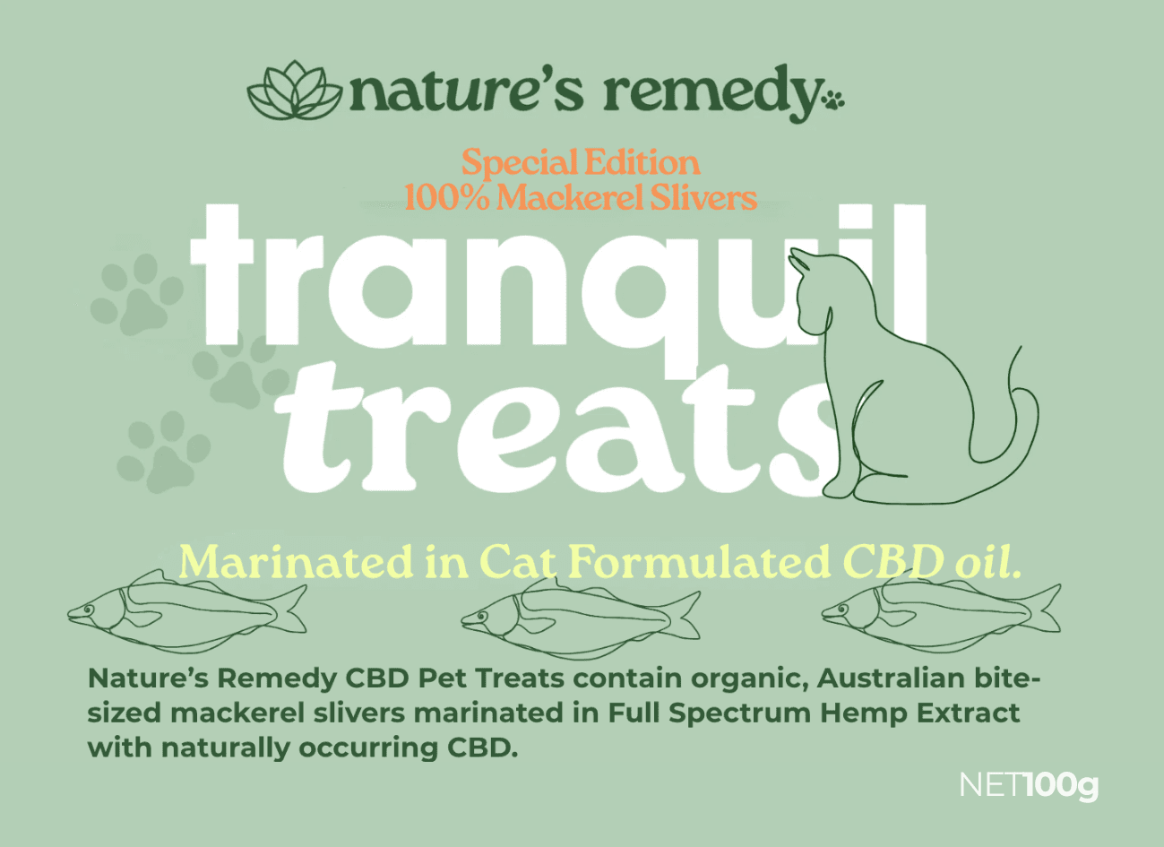 Tranquil Treats Organic Australian Mackerel and Hemp 100g for CATS - 100glabels110x80mm_110x80mm-24